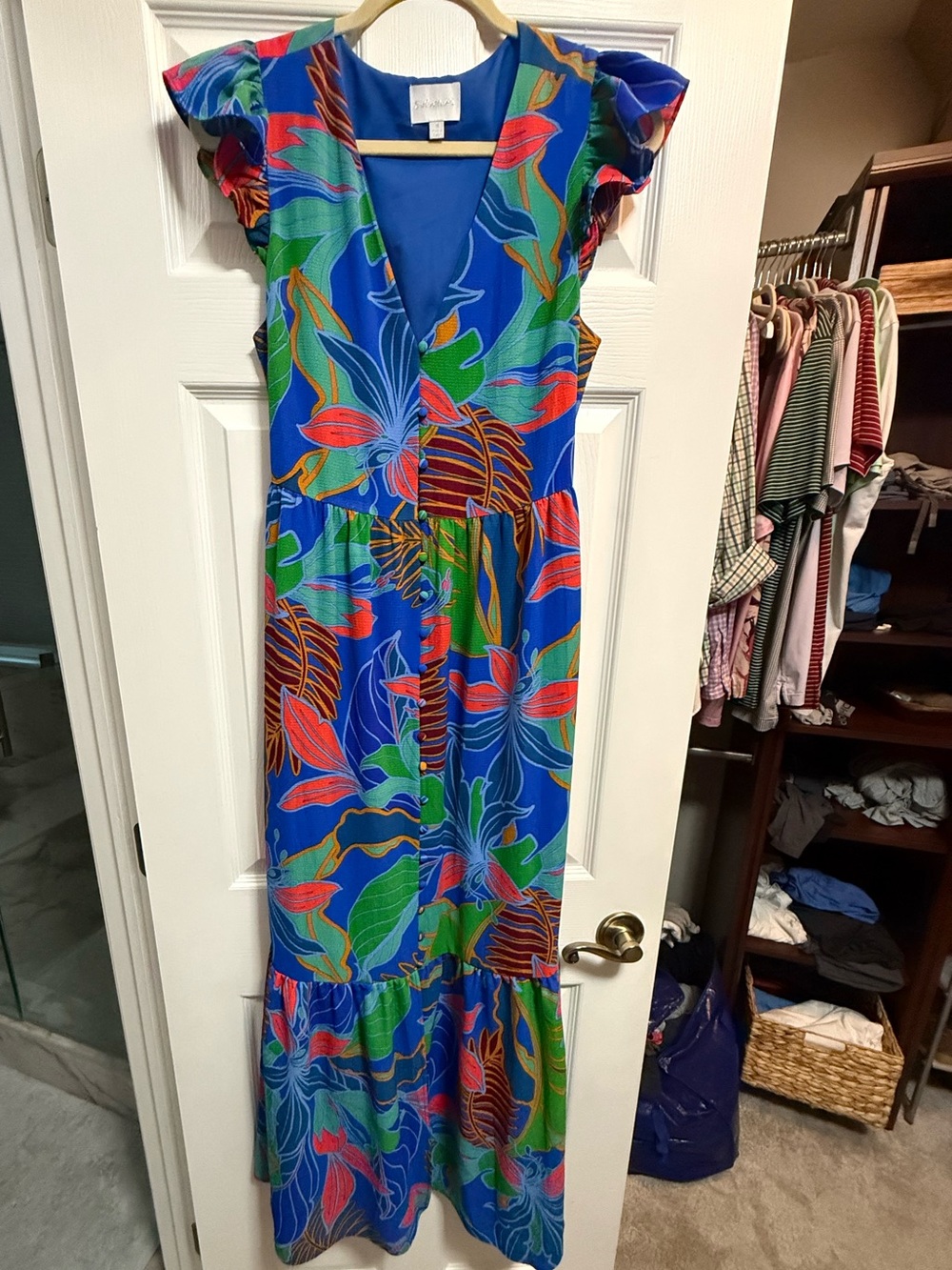 Sugarlips Blue Maxi Dress with Green and Red Floral Print